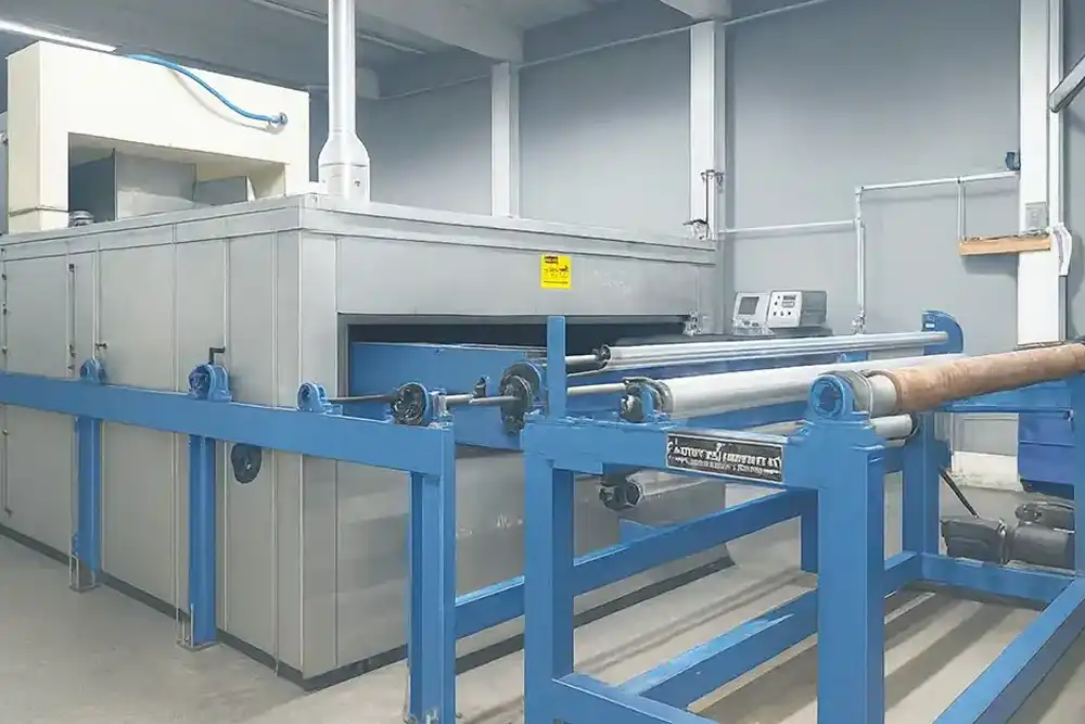 Stenter frame machine for precision heat setting and fabric finishing at Metro Dyeing